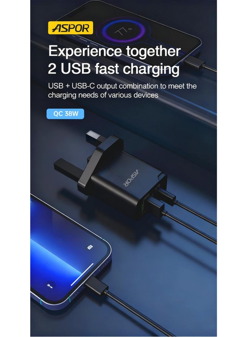 أسبور شاحن سريع Aspor A826 بقوة 38 واط - محول طاقة ثنائي المنافذ يدعم الشحن السريع PD و QC 3.0 - Image 1